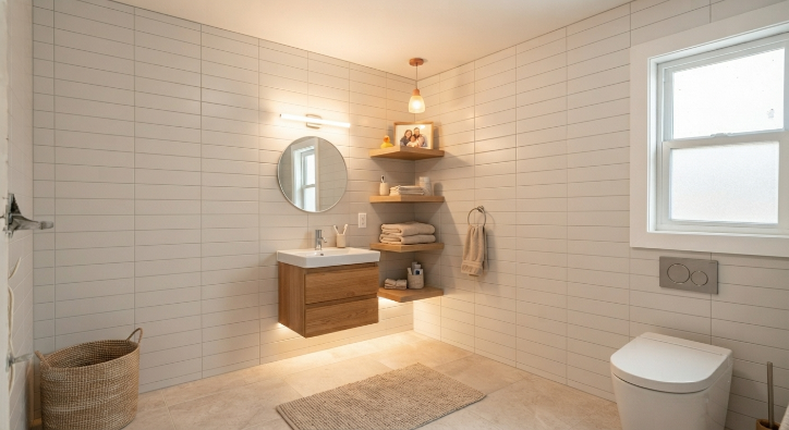 Compact bathroom with a refinished vanity, open shelving, simple tile, and warm lighting