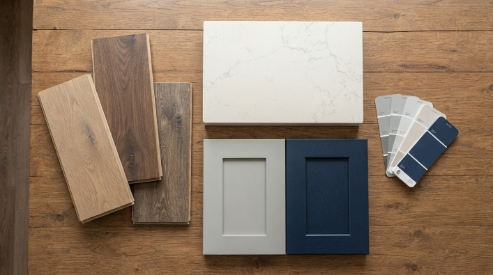  Flat lay of flooring, countertop, and cabinet material samples for a home renovation