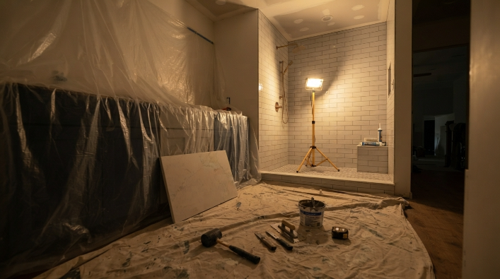 Primary bathroom shower under construction during a renovation