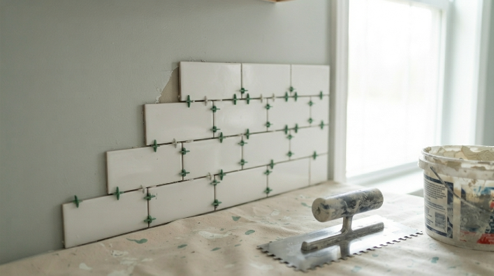 Subway tile backsplash being dry laid before installation