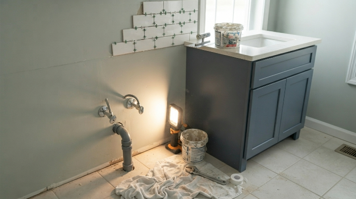 Bathroom vanity replacement showing exposed plumbing connections
