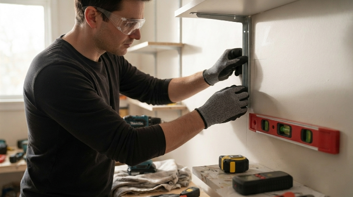 Homeowner dry fitting shelf brackets before drilling during a DIY project