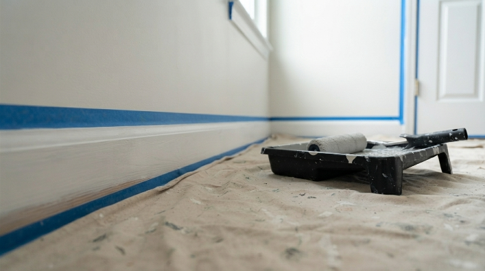 Drop cloth and taped baseboards prepared for a DIY painting project