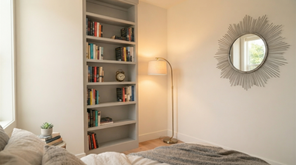 A small bedroom using a tall bookshelf and mirror to make the space feel larger.
