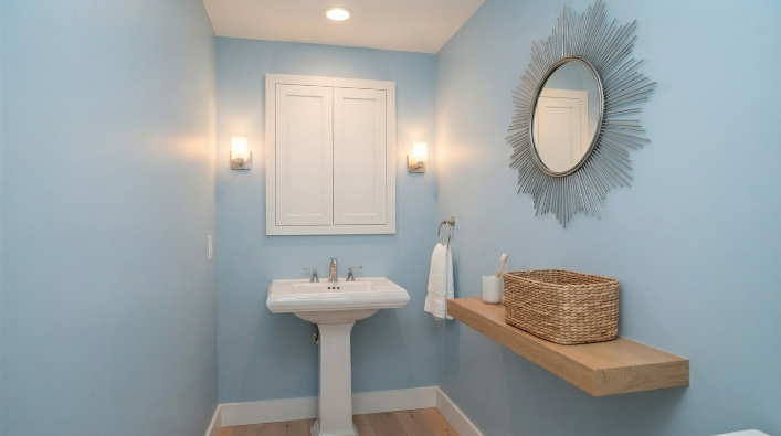 A small bathroom with wall mounted storage keeping the counter surface clear.