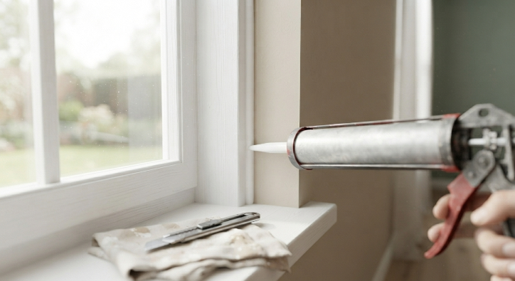 Applying fresh caulk around a window frame to seal a draft.