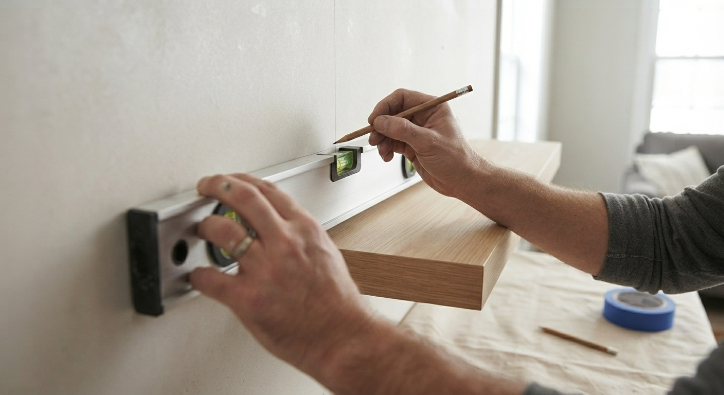 A beginner using a level to mark a straight line before installing a shelf.