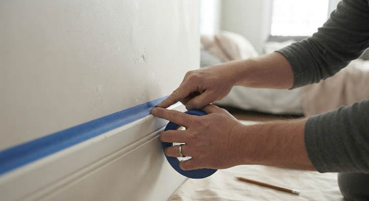 Applying painter's tape as preparation for a beginner painting project.