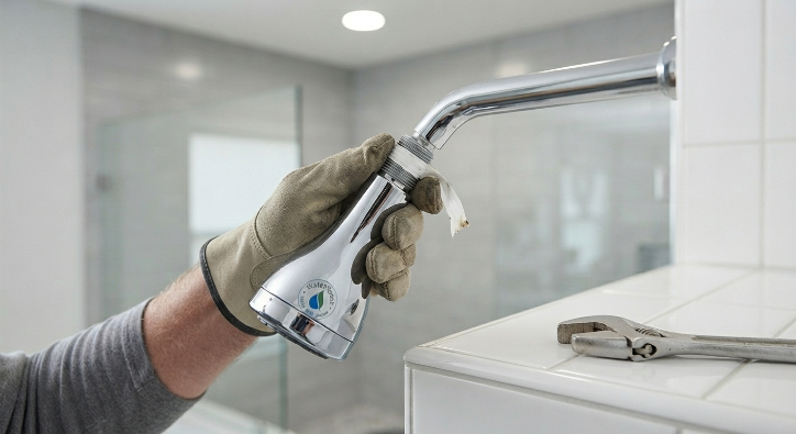 Installing a new water efficient showerhead as a weekend bathroom upgrade.
