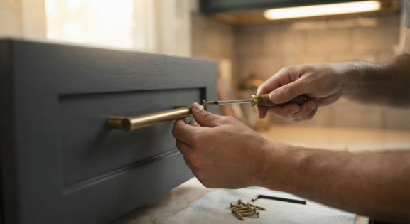 Close up of new hardware being installed on a repainted kitchen cabinet.