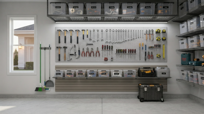 Organized garage pegboard wall with tools and labeled storage bins