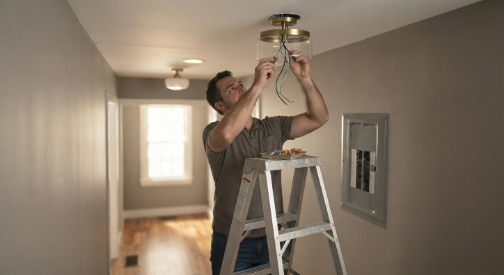 Homeowner safely using a stepladder to install a new light fixture.