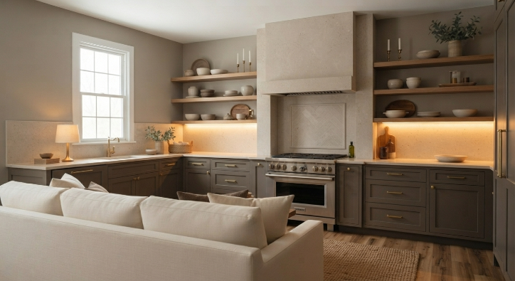 Kitchen makeover with open shelving, new hardware, and under cabinet lighting.