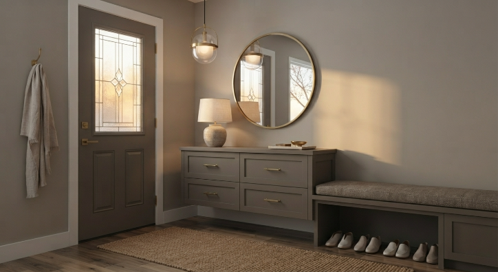 Entryway makeover with a console table, mirror, and updated lighting fixture.