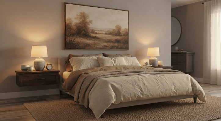 Budget bedroom makeover using new bedding and an art based headboard alternative.