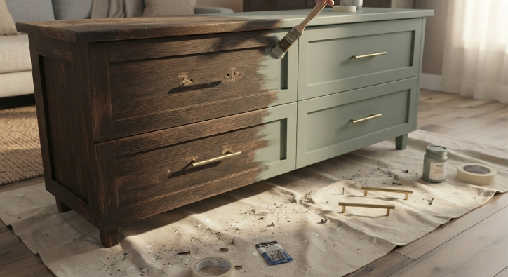 Secondhand dresser being repainted with new hardware as part of a budget makeover.