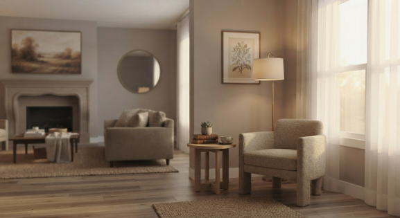 Reading nook zone in a large living room separate from the main seating area.