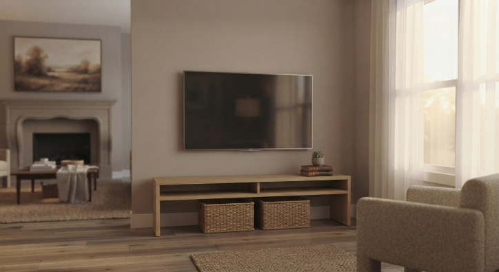 Small living room with a wall mounted television and closed storage console.