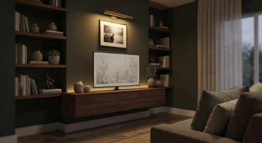 Mounted television flanked by open shelving as part of a living room wall makeover.