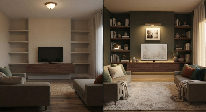 Before and after comparison of a living room makeover showing paint, lighting, and rug changes.