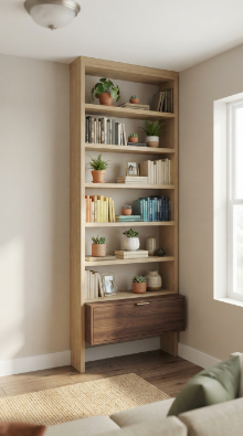Tall narrow bookshelf used to add vertical storage in a small living room.