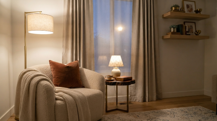 Living room corner with layered lamp lighting and neutral linen curtains