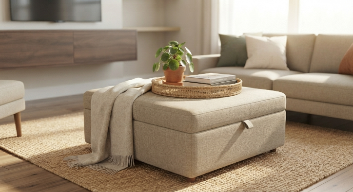 Storage ottoman used as a multi purpose coffee table in a small living room.