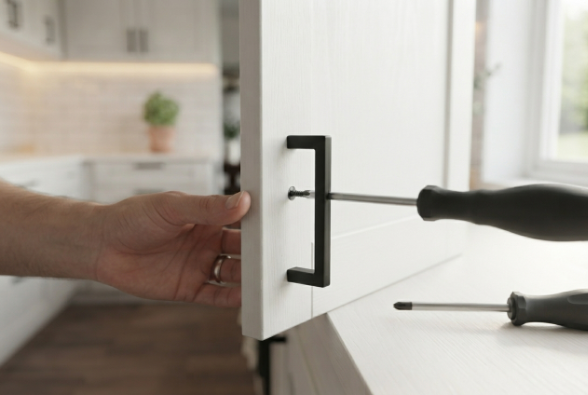 Installing new cabinet hardware as part of a small kitchen makeover.