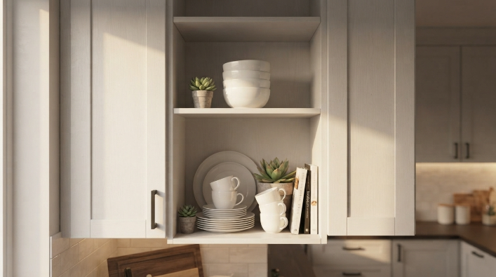 Open shelving styled with dishware as part of a small kitchen refresh.