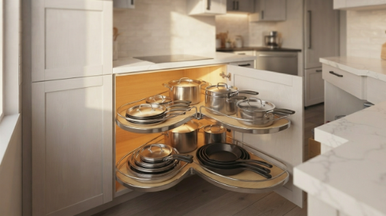 Pull out corner cabinet storage solution installed during a small kitchen renovation.