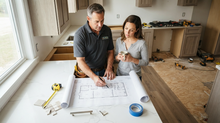 Homeowner and contractor reviewing a kitchen layout plan during a renovation.