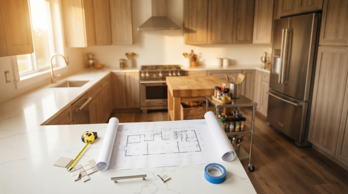  Kitchen layout showing the sink, stove, and refrigerator arranged for an efficient work triangle.