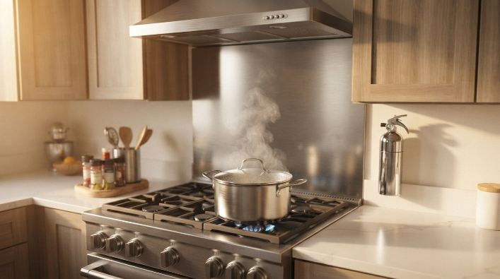 Kitchen stovetop and range hood with a wall mounted fire extinguisher nearby for cooking safety.