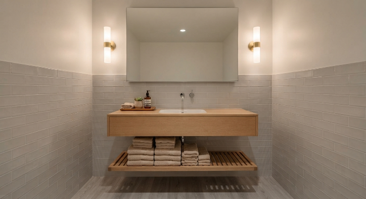Small bathroom vanity with a large mirror and open shelving to keep the space feeling airy.