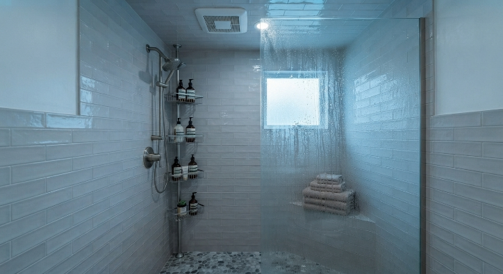 Small bathroom shower area with an exhaust fan and wall mounted caddy to manage moisture and clutter.