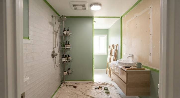 Bathroom wall being repainted during a budget friendly makeover, showing the before and after color side by side.