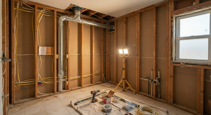 Bathroom remodel in progress showing new wiring and ventilation ductwork being installed before walls are closed.